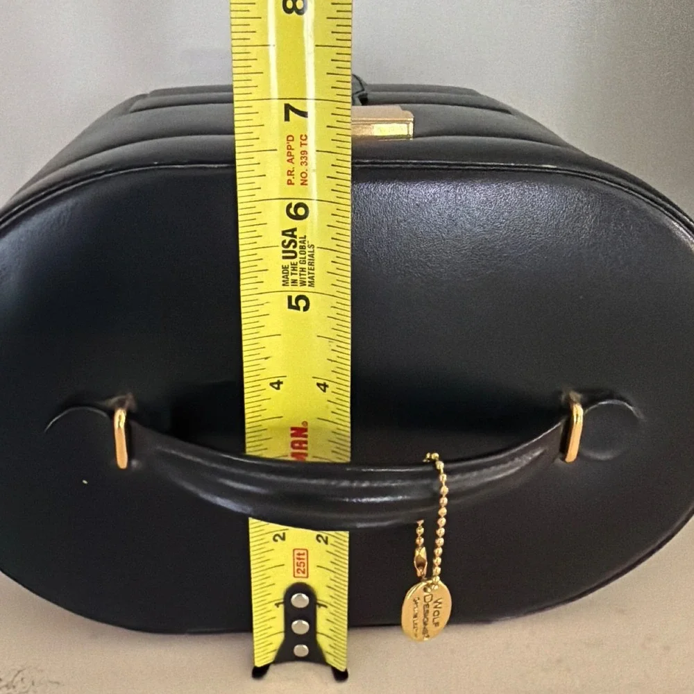 Wolf Designs Black Genuine Leather Oval Jewelry Box with Drawers & Travel Case